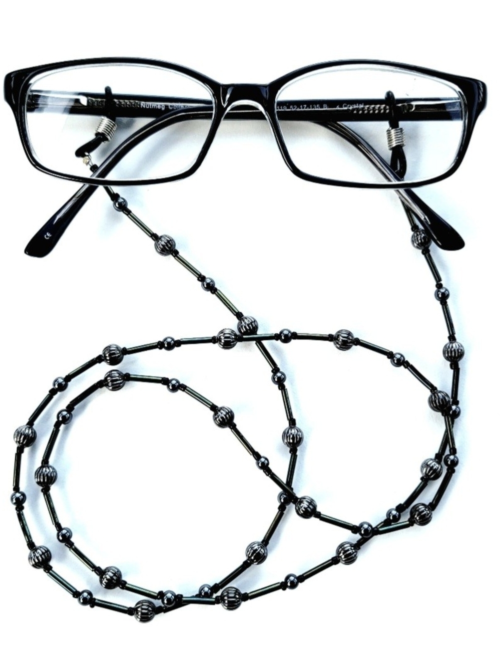 Handmade beaded eyeglass chain - black metal and iridescent glass beads